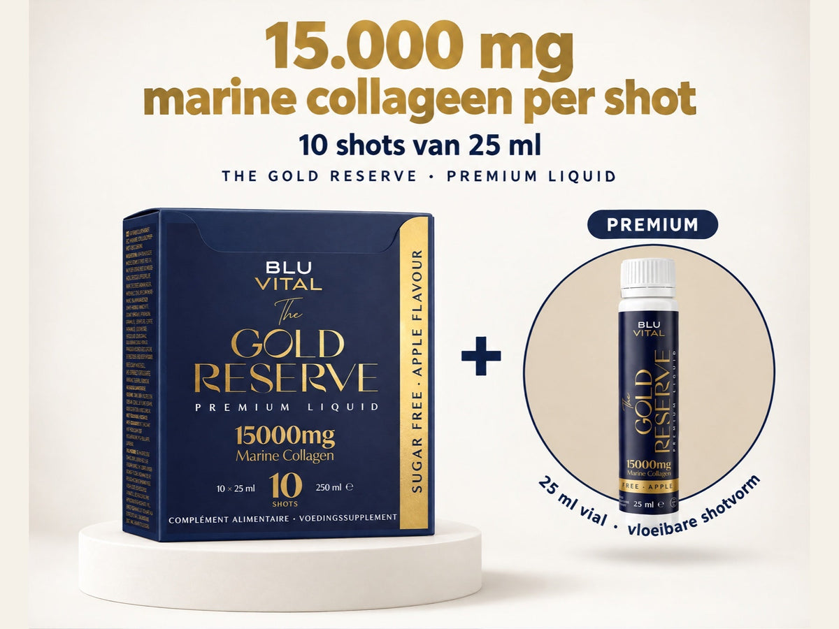 
BLUVITAL The Gold Reserve doos en shot van 25 ml, met de tekst ‘15.000 mg marine collageen per shot’ en ‘10 shots van 25 ml’.