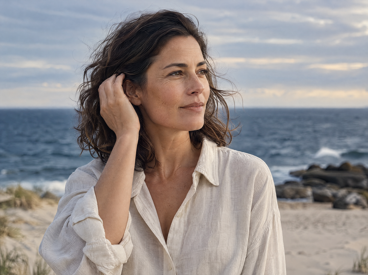 
Vrouw in een crèmekleurig linnen overhemd die haar haar achter haar oor strijkt, met de zee op de achtergrond.