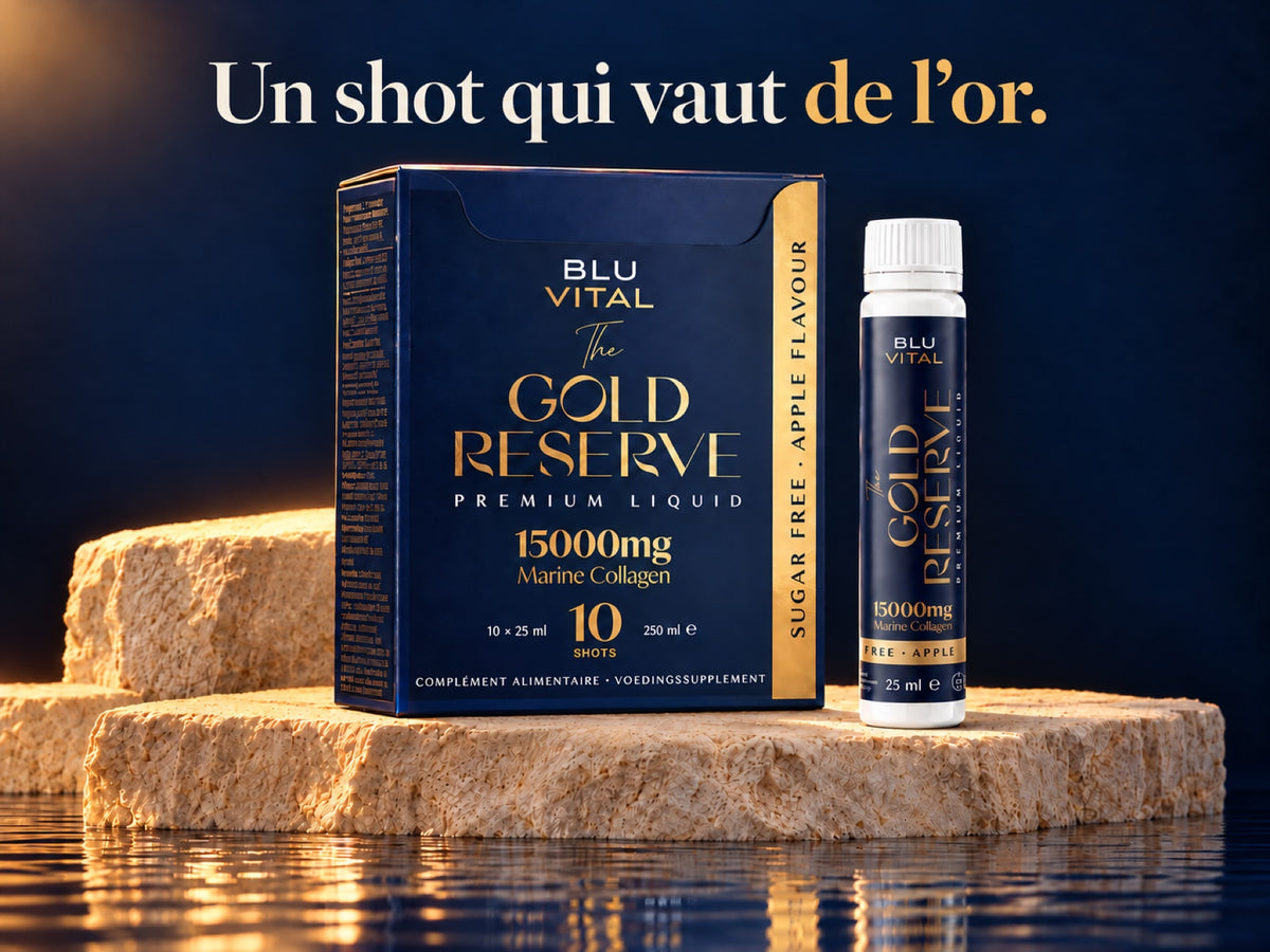 
Boîte The Gold Reserve de BLUVITAL et shot de 25 ml, avec le texte « Un shot qui vaut de l’or. ».
