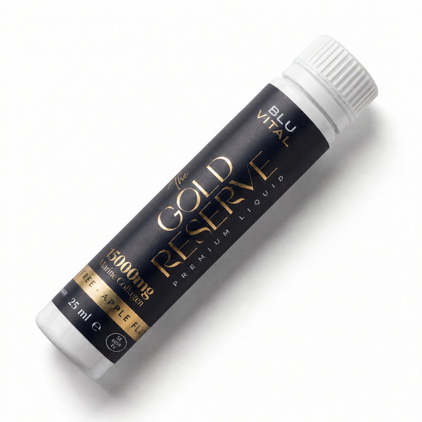 BLUVITAL The Gold Reserve-collageenshot van 25 ml, diagonaal op een witte achtergrond met het etiket zichtbaar.