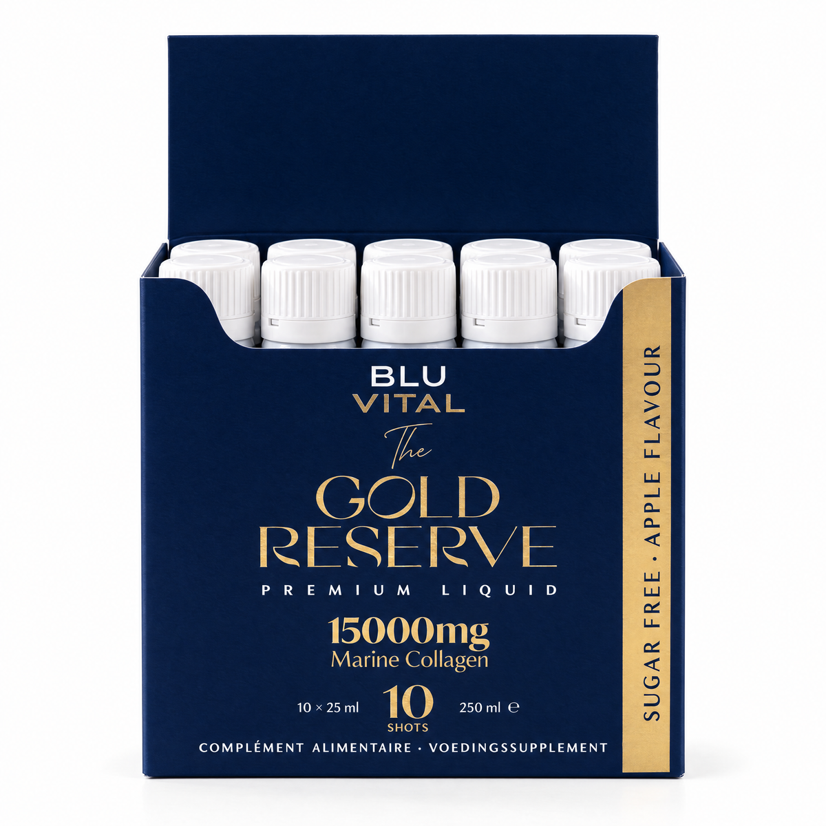 Open doos BLUVITAL The Gold Reserve met tien collageenshots van 25 ml en gouden tekst op de voorkant.