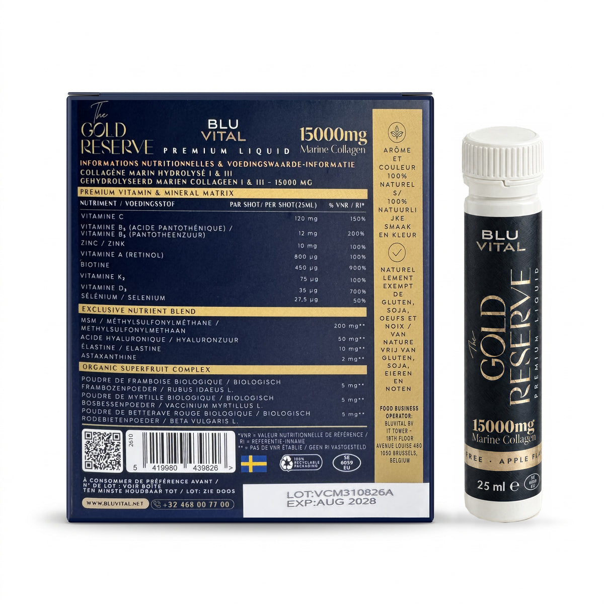Achterkant van de BLUVITAL The Gold Reserve-doos met de samenstellingstabel, naast een flacon van 25 ml.