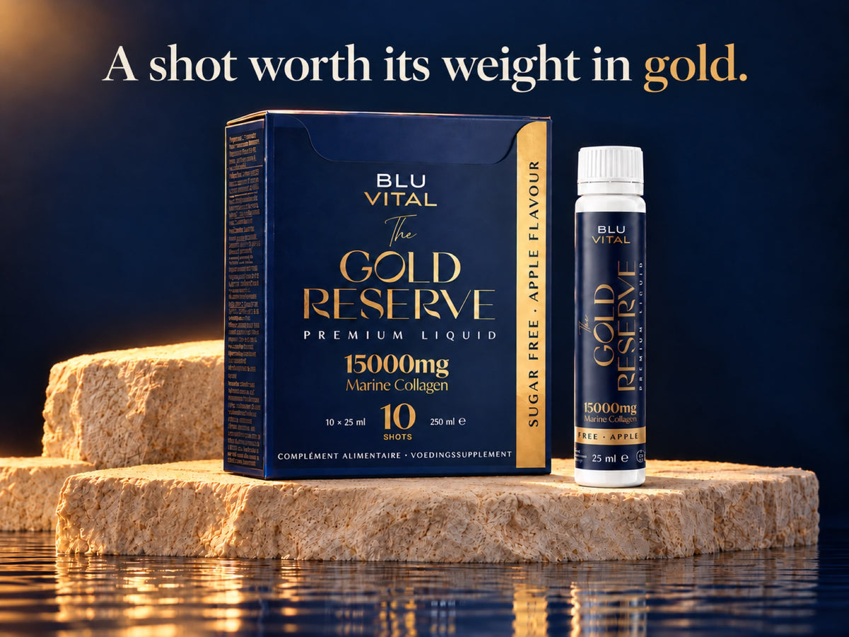 
BLUVITAL The Gold Reserve box and 25 ml shot, with the text “A shot worth its weight in gold.”