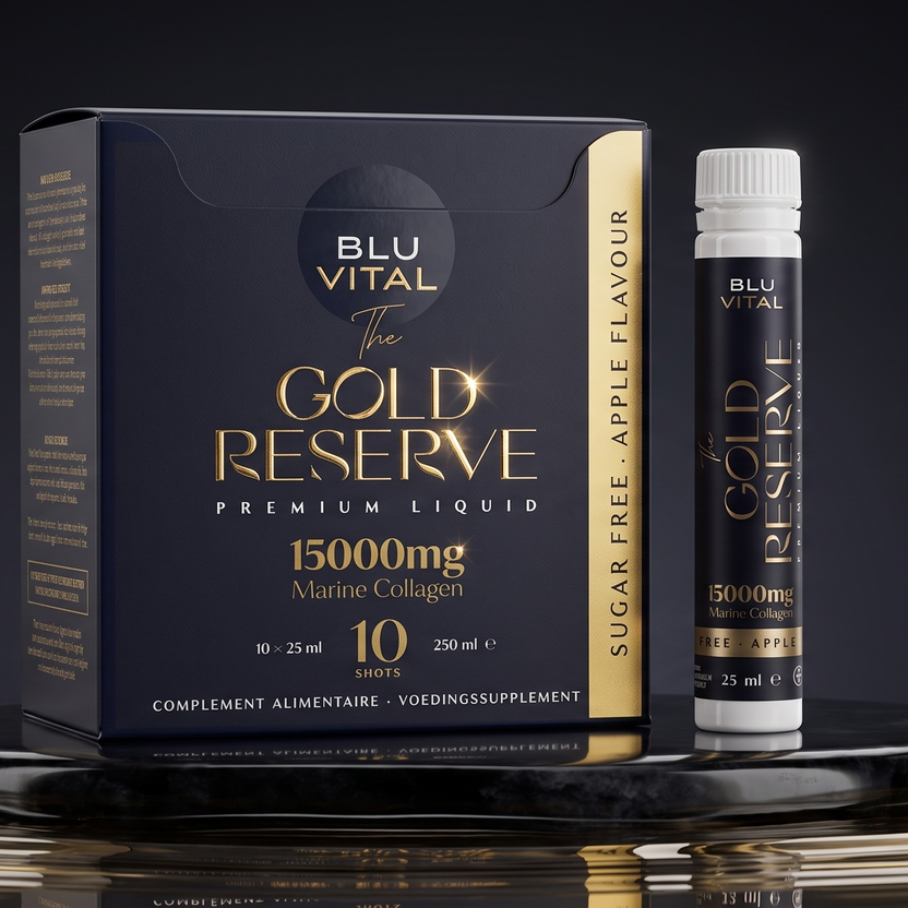 BLUVITAL The Gold Reserve doos en collageenshot op een donker plateau met gouden reflectie
