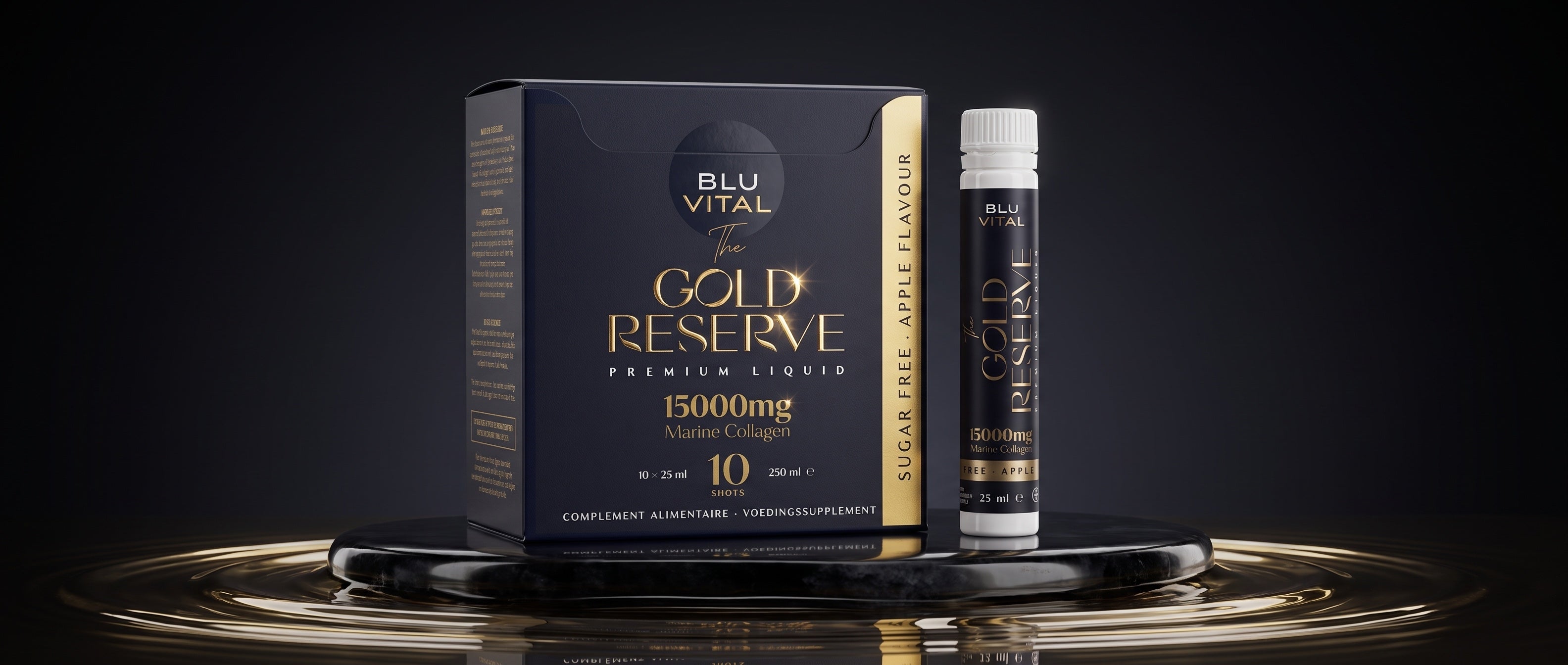 BLUVITAL The Gold Reserve: a box of ten shots and a 25 mL bottle on a dark platform.